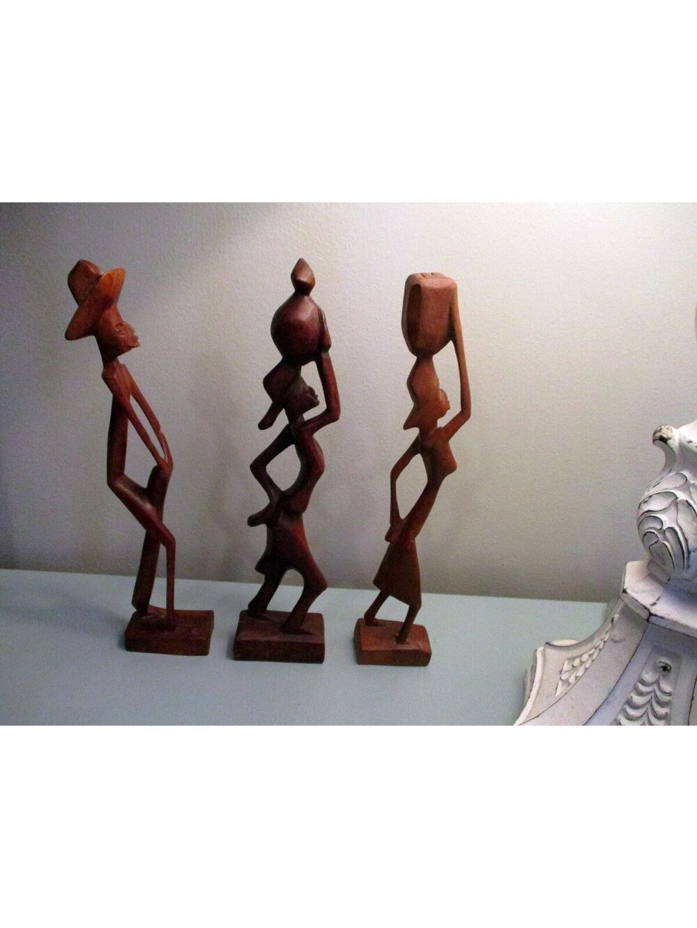 Vintage Hand-Carved African Folk Art Wooden Figurine Set of 3